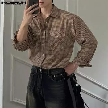 INCERUN Men Lapel Long Sleeve Plaid Print Shirts Casual Buttons Tops M хаки