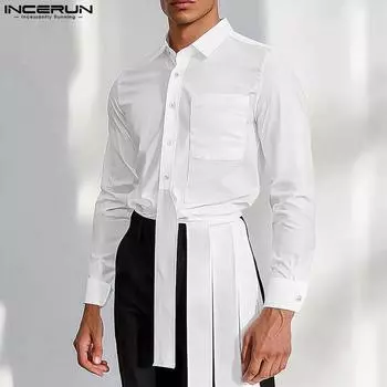 INCERUN Men Lapel Long Sleeve Shirts Casual Buttons Splicing Strips Tops S белый