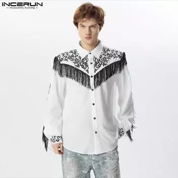 INCERUN Men Lapel Long Sleeve Tassel Shirts Print Button Up Tops