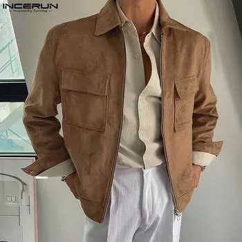 INCERUN Men Lapel Long Sleeve Zipper Up Suede Jackets Coats S чёрный