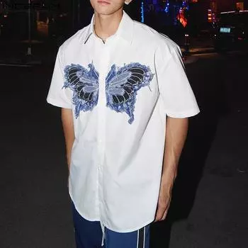 INCERUN Men Lapel Neck Button Down Embroidery Patchwork Short Sleeve Shirts 3XL