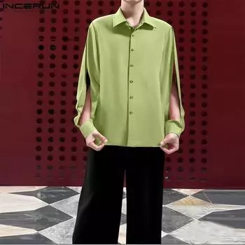 INCERUN Men Lapel Neck Cutout Long Sleeve Backless Lace-up Casual Shirts S чёрный