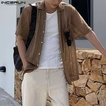 INCERUN Мужская рубашка с коротким рукавом и кружевными лацканами и пуговицами 4XL чёрный