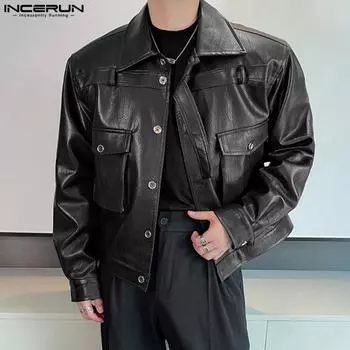 INCERUN Men Lapel Neck Long Sleeve Buttons Leather PU Coats Jackets S чёрный