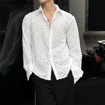 INCERUN Men Lapel Neck Long Sleeve Fluffy Semi-Sheer Buttons Casual Shirts S чёрный