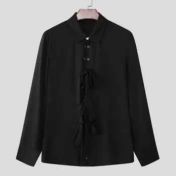 INCERUN Men Lapel Neck Long Sleeve Front Bow Knot Hollow Casual Shirts S
