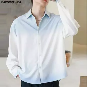 INCERUN Мужские топы с лацканами и длинным рукавом, градиентные кнопки, повседневные весенние рубашки больших размеров S зелёный