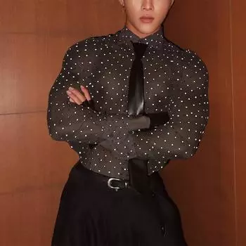 INCERUN Men Lapel Neck Long Sleeve Mesh Sheer Polka Dots Shirts S