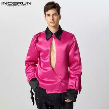 INCERUN Men Lapel Neck Long Sleeve Satin Shirts Solid Color Bandage Hollow Front Cross Tops S зелёный