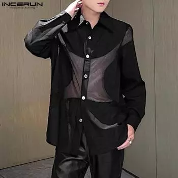 INCERUN Men Lapel Neck Long Sleeve See Through Shirts Patchwork Hollow Tops S белый