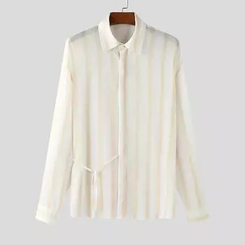 INCERUN Men Lapel Neck Long Sleeve Striped Side Lace-up Casual Oversized Shirts S