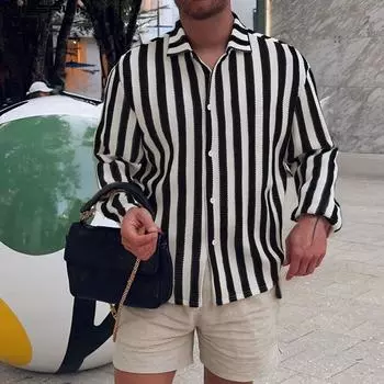 INCERUN Men Lapel Neck Long Sleeve Striped Buttons Up Casual Loose Shirts Tops S бежевый