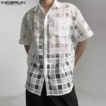 INCERUN Men Lapel Neck Mesh Sheer Transparent Plaid Tops T-Shirts S белый