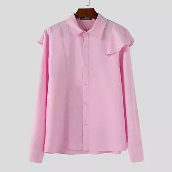 INCERUN Men Lapel Neck Ruffled Shoulder Long Sleeve Buttons Up Casual Shirts S