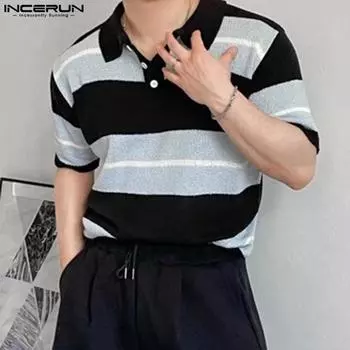 INCERUN Мужские трикотажные топы с воротником-лацканом и коротким рукавом на пуговицах, повседневные летние футболки S зелёный