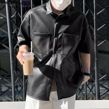 INCERUN Men Lapel Neck Short Sleeve Buttons Up PU Leather Tops Shirts S чёрный