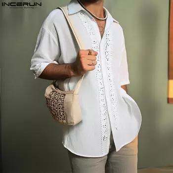 INCERUN Men Lapel Neck Short Sleeve Lace Hem Buttons Up Casual Shirts S чёрный