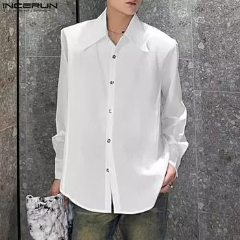 INCERUN Men Lapel Neck Shoulder Pads Long Sleeve Button Down Shirts Oversized Tops 2XL белый