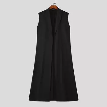 INCERUN Men Lapel Neck Sleeveless Open Front Casual Loose Long Vest Cardigan S