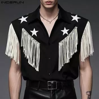 INCERUN Men Lapel Neck Sleeveless Patchwork Tassel Embroidery Casual Shirts Tops S чёрный