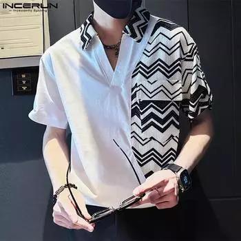 INCERUN Мужские рубашки с коротким рукавом и лацканами, с полосатым принтом, повседневные трикотажные топы в стиле пэчворк S белый