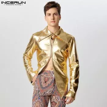 INCERUN Men Lapel Neck Zipper Glitter Casual Party Shirts Splits Irregular Tops S фиолетовый