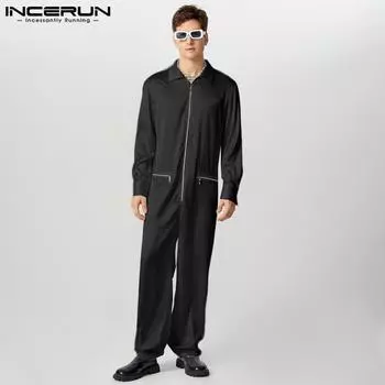 INCERUN Men Lapel Neck Zipper Long Sleeve Jumpsuits Casual Long Rompers 4XL чёрный