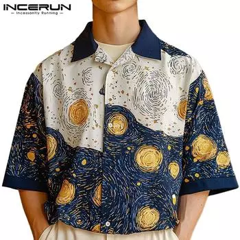 INCERUN Men Lapel Nevk Half Sleeve Buttons Floral Print Casual Loose Shirts 2XL синий