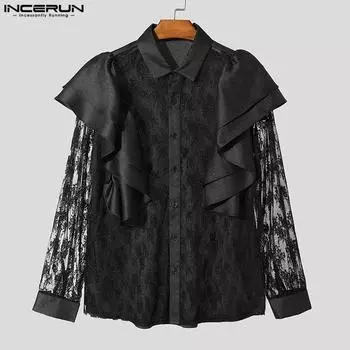 INCERUN Men Lapel Ruffled Long Sleeve Lace T-shirts Casual Patchwork Tops S белый