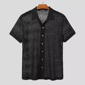 INCERUN Men Lapel Short Sleeve Hollow Out Casual Loose Shirts Tops S