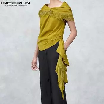 INCERUN Men Lapel Tassel Sleeveless Ruffled Ribbon Casual Irregular Tank Tops L белый