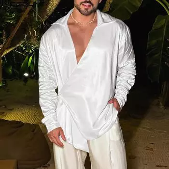 INCERUN Men Lapel V Neck Front Cross Wrap Bandage Shirts Satin Tops 5XL белый