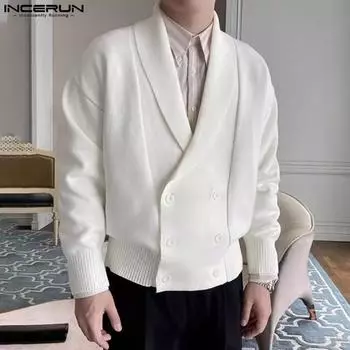 INCERUN Мужские лацканы с V-образным вырезом спереди, перекрестные пуговицы, длинный рукав, трикотажные повседневные свободные свитера, кардиганы L чёрный
