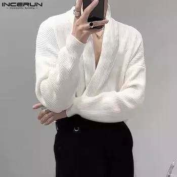 INCERUN Мужские вязанные свитера с V-образным вырезом и длинным рукавом, свободные пуловеры с отворотом спереди, топы 2XL чёрный