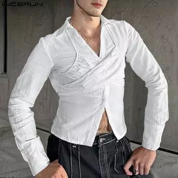 INCERUN Men Lapel V Neck Long Sleeve Front Cross Texture Casual Shirts S белый