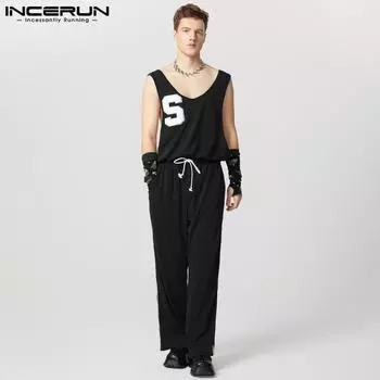 INCERUN Men Lapel V Neck Low Cut Sleeveless Jumpsuits Casual Drawstring Long Rompers XL чёрный