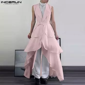 INCERUN Мужские топы-туники без рукавов с V-образным вырезом и лацканами, с поясом на талии и асимметричными слоями S