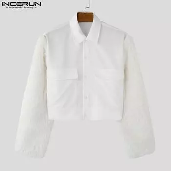 INCERUN Мужские рубашки с воротником-лепестком, длинным рукавом, меховой вставкой в стиле пэчворк, короткие L