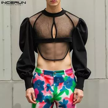 INCERUN Men Long Puff Sleeve Mesh Sheer Patchwork Crop Tops T-Shirts L