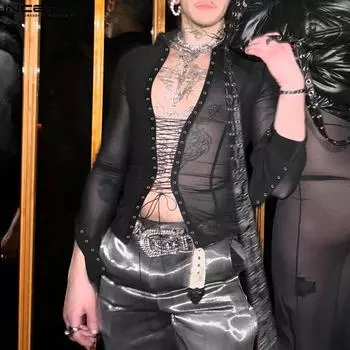 INCERUN Men Long Sleeve Bandage Mesh Sheer See Through Hollow T-shirts Tops 4XL