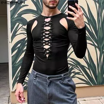 INCERUN Men Long Sleeve Bandage T-shirt Cutout Patchwork Slim T-shirts 3XL чёрный