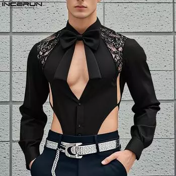 INCERUN Men Long Sleeve Bow Knot Lace Patchwork Jumpsuits Cutout One Piece Bodysuits S