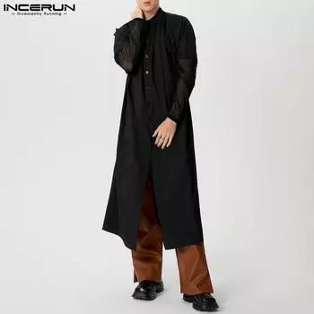 INCERUN Мужские рубашки с длинным рукавом и пуговицами, с длинными разрезами, лоскутные туники, топы S чёрный