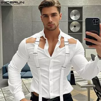 INCERUN Men Long Sleeve Buttons Hollow Out Shirts Solid Color Cutout Tops L чёрный