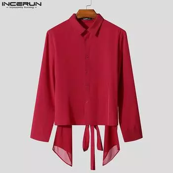 INCERUN Men Long Sleeve Buttons Shirts Bandage Layers Back Casual Party Tops S чёрный