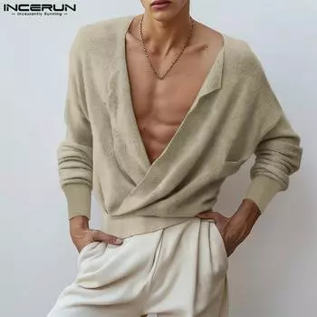 INCERUN Men Long Sleeve Cowl Neck Front Cross Knitwear Tops Cardigan S чёрный