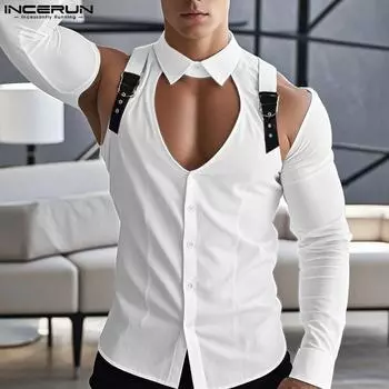 INCERUN Men Long Sleeve Cutout Shirts Casual Solid Color Patchwork Tops 3XL белый