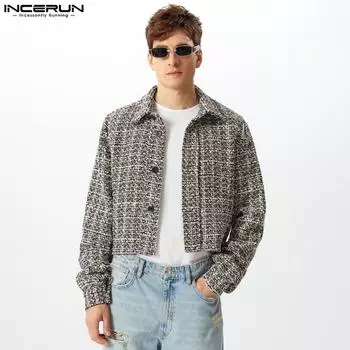 INCERUN Мужские длинные рукава вырез на плече пуговицы текстура клетчатые короткие пальто куртки чёрный