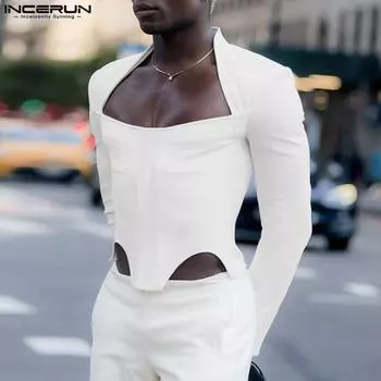 INCERUN Men Long Sleeve Cutout Slim Tops Casual Bodycon Short T-shirts M чёрный