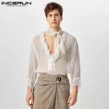 INCERUN Men Long Sleeve Deep V Ruffled Neck See Through Tops Ttransparent Shirts 3XL чёрный